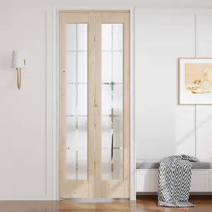 Easelife French Cross Bi-Fold Glass Door – Natural Wood, Interior Mount, Frosted Panels, Hardware Kit Included