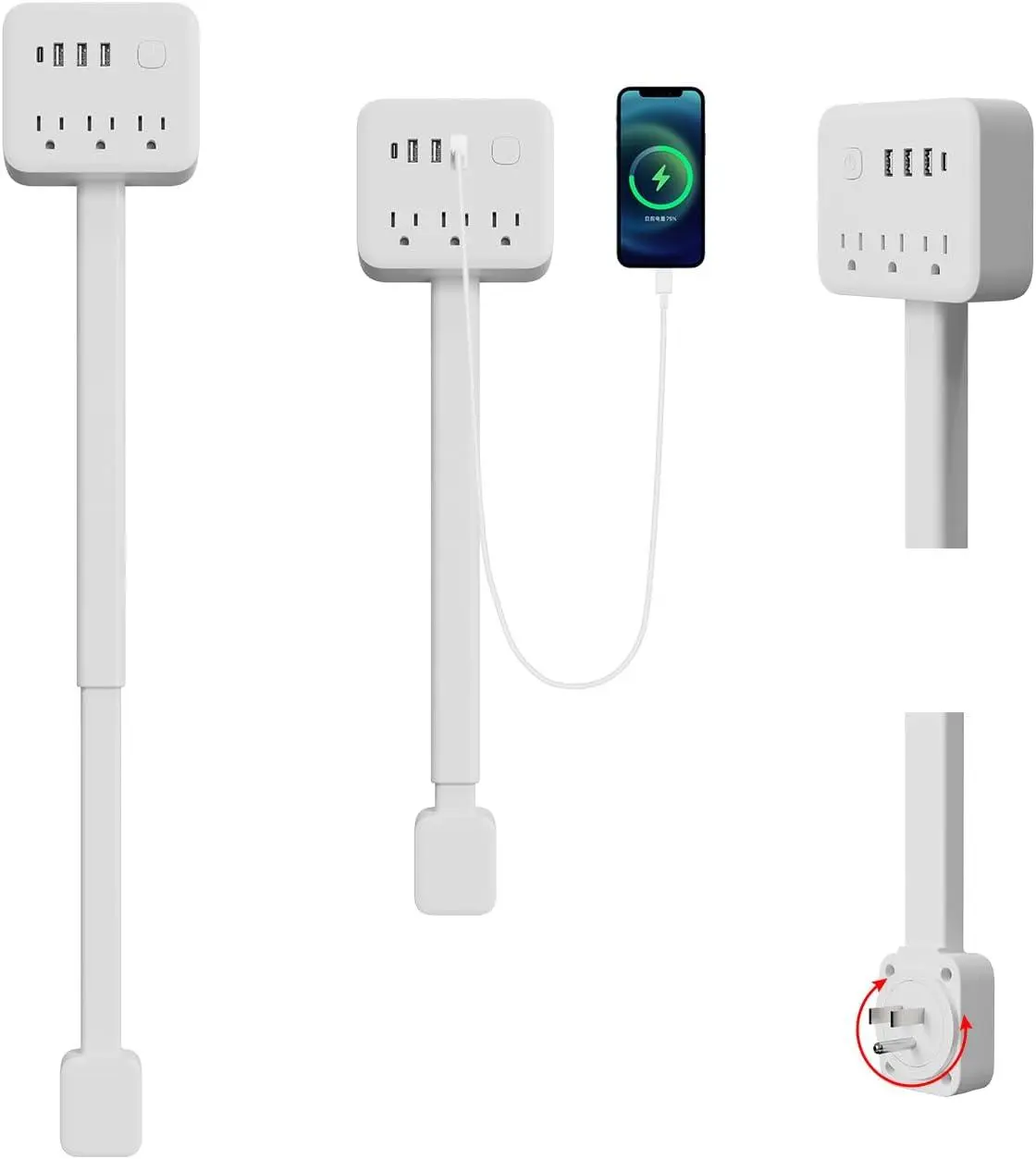 Electrical Outlet Extender Stick, 18"-28" Extendable Power Strip with 180° Rotating Plug, 2 USB-A, 1 USB-C, 3 AC Outlets, Wall Plug Extender for behind Couch, Sofa, Nightstand LHDYMXYN