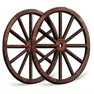 2 Piece Wooden Carriage Wheel Decorations, Vintage Rustic Decor Style for Bar Garage Indoor Outdoor Western Theme Decoration