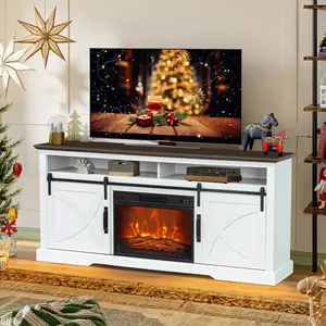 PARROT UNCLE 68" Farmhouse TV Stand with 23" Insert Opening Electric Fireplace White Brown Grey Engineered Wood Media Console for Living Room