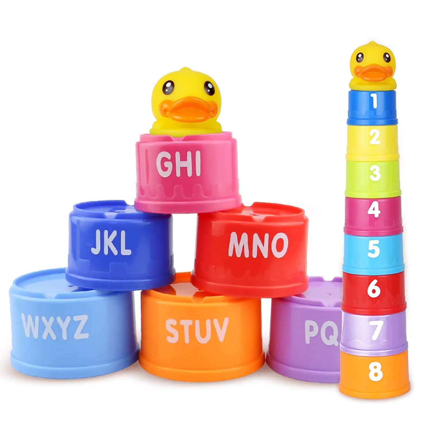 Silicone Rainbow Stacking Nesting Cups with Letters & Numbers, Educational Maths Toy for 2+ Years Toddlers with Duck Teethers