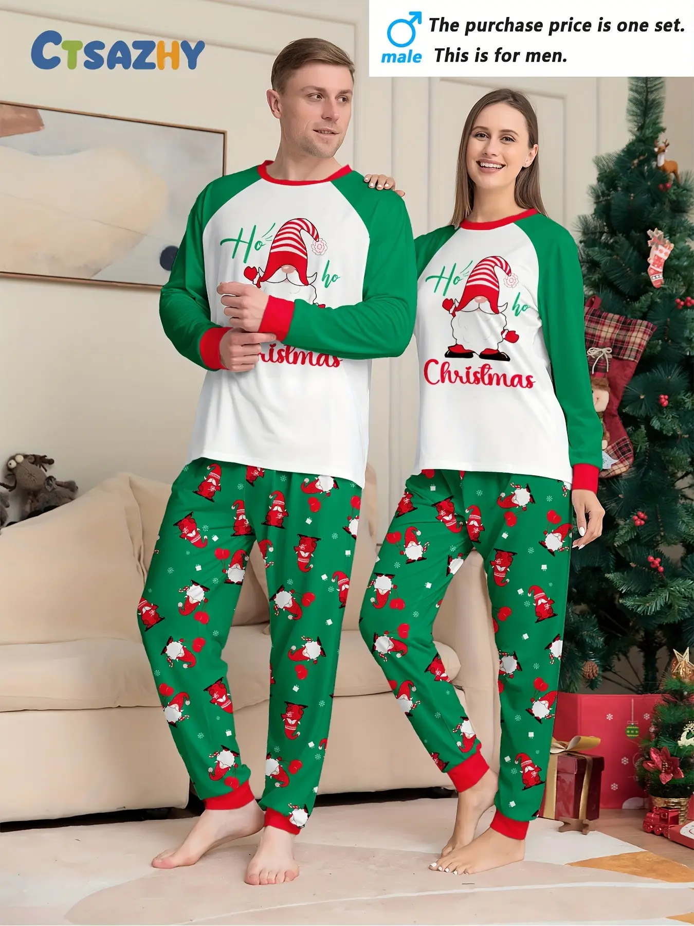 Couple Christmas long-sleeved trousers loungewear pajamas set, Santa Claus, snowflake and monogram print elements, crew neck design, men's or women's, single set