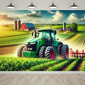 2D Flat Banner, 1pc Green Tractor Farm Scene Polyester Backdrop Banner - Vibrant Countryside Design for Birthday, Wedding, Anniversary, Back-to-School Decor - Durable Photography Studio Prop, Garden & Home Decor