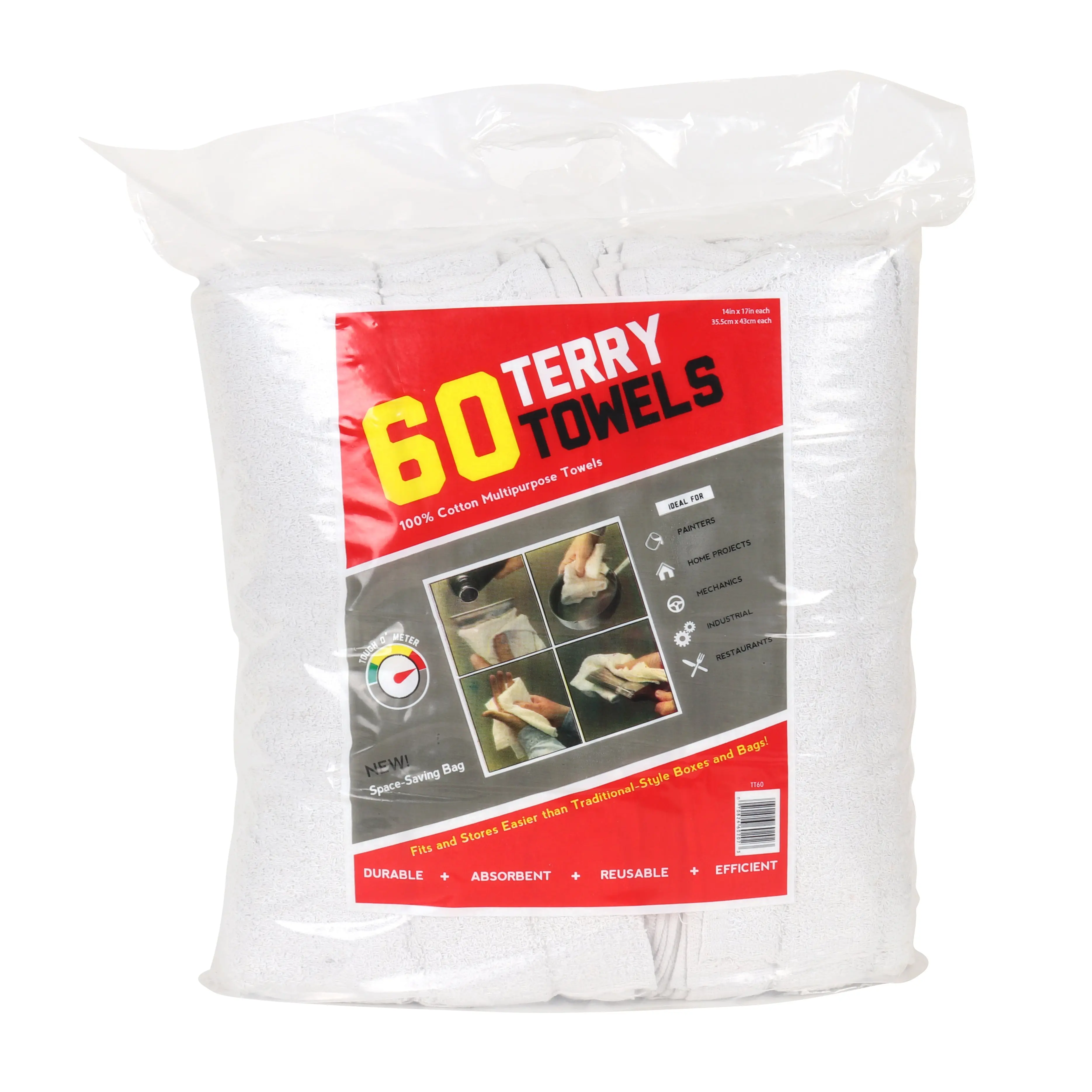 60 Pack of White 14 x 17 Cotton Multi-Purpose Terry Towels or Bulk Case of Five 60-Count Bags