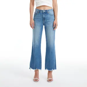 High Rise Wide Leg Jeans With Frayed Hem Womenswear Bottom Fits Style Fabric Cotton Denim Trouser Pants Streetwear