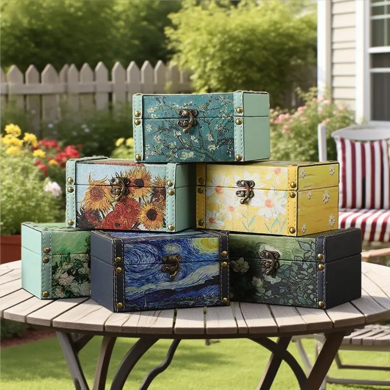 MIDOAIS Vintage Scandinavian Floral Wooden Jewelry Box , Storage Box,Dust-Proof Multi-Use Storage Box, Tabletop Trinket Box, Wooden Tabletop Decorative Box with Lid, Vintage Style Tabletop Jewelry Box, Small Tabletop Jewelry Box