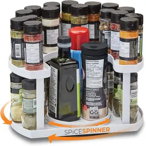 2-Tier 360° Rotating Spice Rack Organizer for Kitchen Cabinet Countertop, Double Layer Non-Slip Seasoning Storage Shelf for Spices, Jars, Bottles and Condiments, Multi-Functional Rotating Tray for Home Kitchen Organization(White)