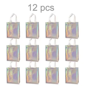 12 Pack Holographic Non-Woven Gift Bags Set,Vibrant Rainbow Foil Finish & Stylish,Ideal for Shopping or Gift Purposes,with Durable Handles,Christmas Party Gifts,Hand Tools Kits