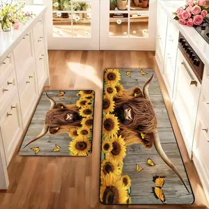 2 count Farmhouse Wood Grain Cow Sunflower Kitchen Rug Set, Washable Non-Slip Low Profile Mat, Home Decor for Kitchen Laundry Room Hallway, Farmhouse Kitchen Rugs Sets