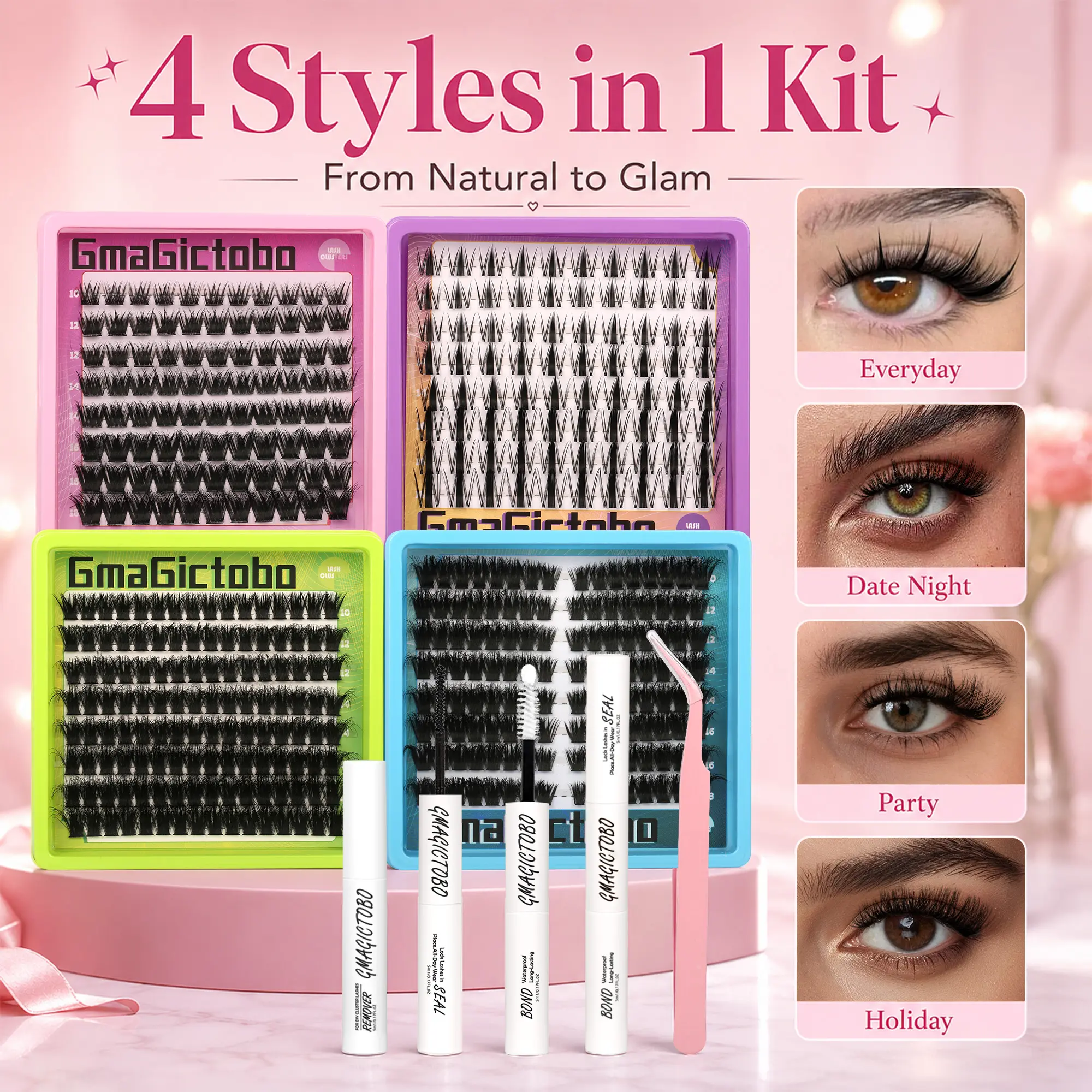 4 Styles Upgrade  Ultra/Mega/ Dramatic/Volume/ Lash Clusters  Gift Packs, WaterProof Lashes Eyelash Clusters Extensions with  for Beginners and Proficient, DIY at Home Easily，Extension Soft comfortable Easy Apply Natural Look for Makeup gift Lash Clusters