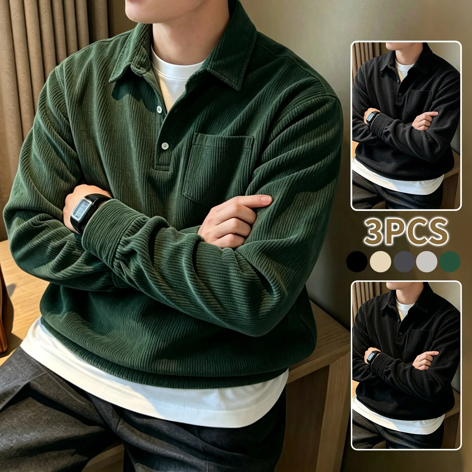 Men's Tops, Vintage Ribbed Corduroy Shirt, Casual Long Sleeve Button Down Menswear for Office, 1 or 3 Pack Set,clothes for back to school,first day of school outfits