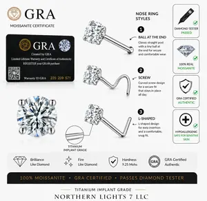 Moissanite Stone Titanium Nose Stud Piercing 18 Gauge L shape, Bol At the End screw back  Moissanite Stone Passes Diamond Test Body Jewelry Nose Studs