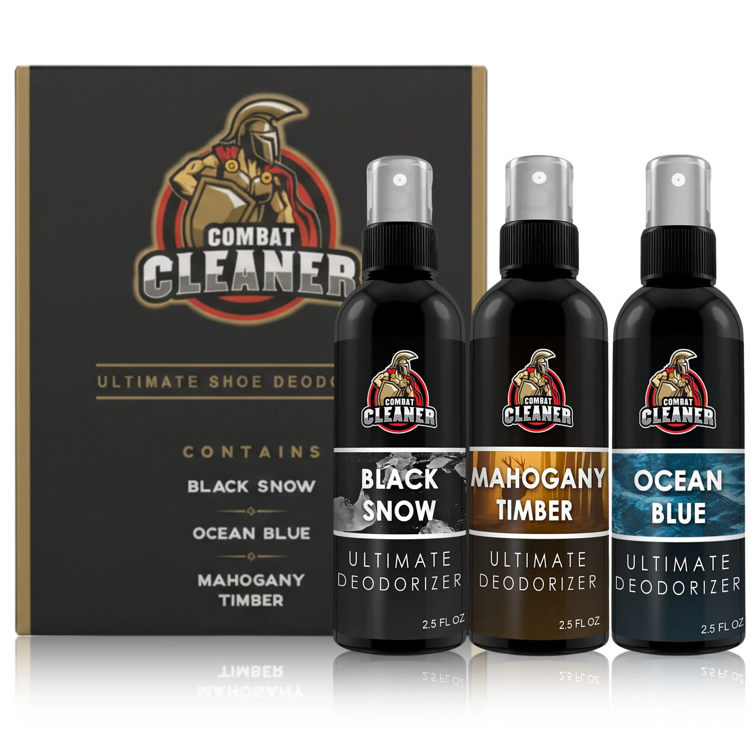 Combat Cleaner 3-Piece Shoe Deodorizer Spray for Men - Fresh Odor Eliminator for Sneakers, Trainers - Works for Gym Bags, Lockers, Sports Gear, Work, Neutralises Smell, Gentle On All Materials, Heavy-Duty Formula, Mahogany Timber, Leather-Safe