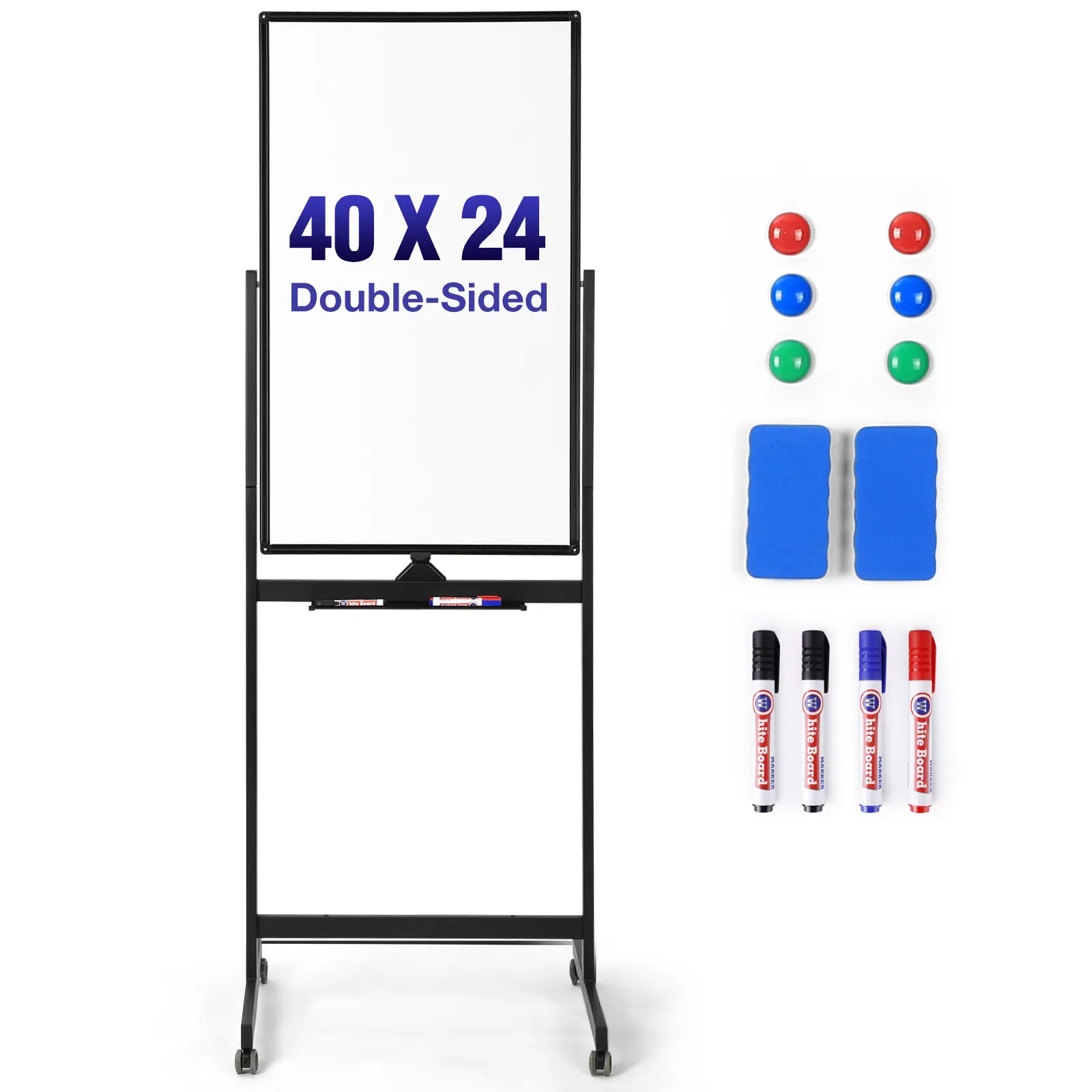 VOWNER Rolling Whiteboard 40x24 inches Double-Sided Magnetic Dry Erase Board on Wheels with Aluminum Frame Portable Presentation Board for Office Home School Black Classroom Supplies