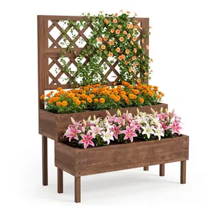 41.93"x22.44"x52.95" Raised Garden Bed with Trellis, 2-Tier Planter Box with Legs, Elevated Wood Planter Box Stand for Backyard, Patio, Balcony with Drainage Holes, Brown