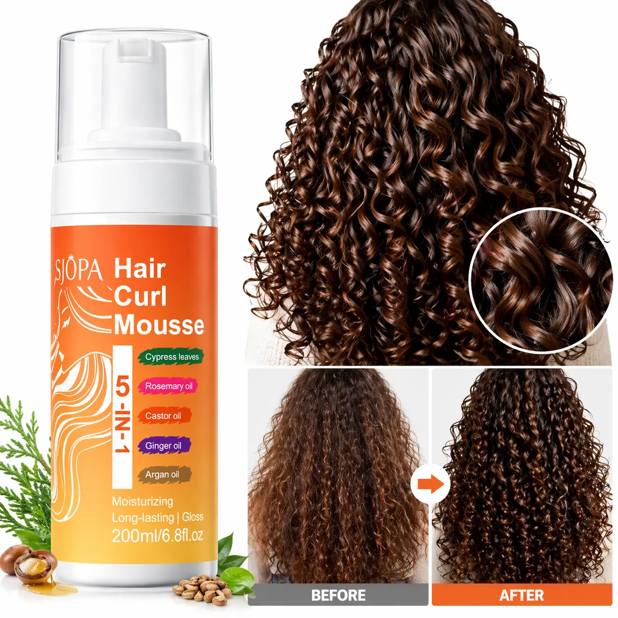 Sjopa 5-in-1 Curl Defining Mousse, Moisturizing Styling Foam with Rosemary, Castor, Ginger & Argan Oils for Wavy & Curly Hair, 200ml, Haircare, Curly Hair Care Mousse & Gel, Natural Curls, Foam Mousse