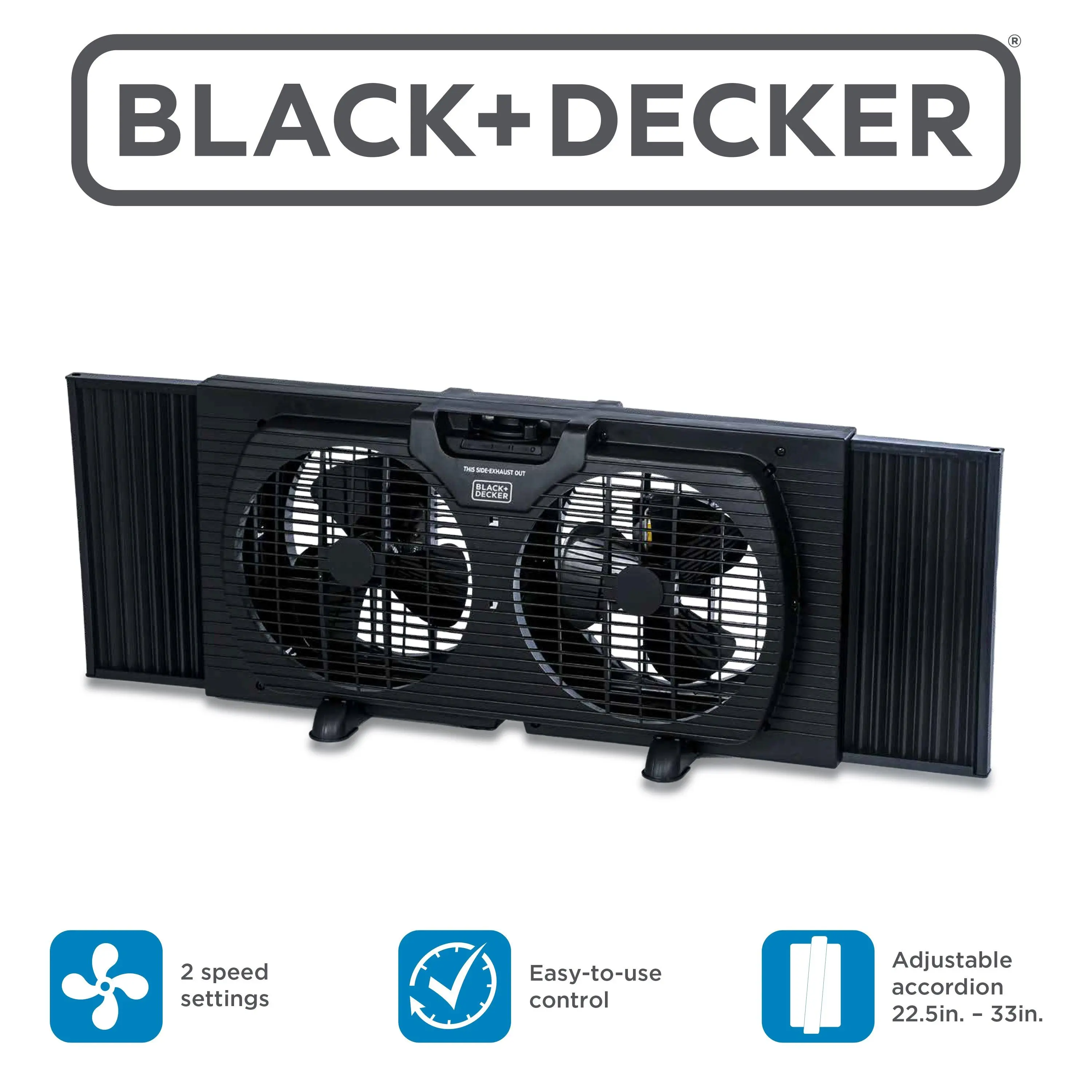 BLACK+DECKER 9" Dual Window Ventilation Fan - Rust-Proof Dual Fans, 2 Speed Settings, Mechanical Dial Control Twin Heads, Removable Legs, Carrying Handle, 4.5lb, Space-Saving for 33" W Max Sliding Windows with Accordion Expanders (Attic Use), 22.5" X 4" X