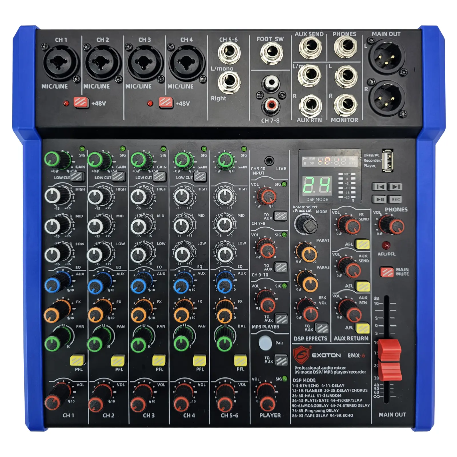 EXOTON Professional 6-Channel Audio Mixer Console - USB, Bluetooth Wireless, MP3 Input, 48V Phantom Power, Ideal for Studio Recording, Live Performance Use