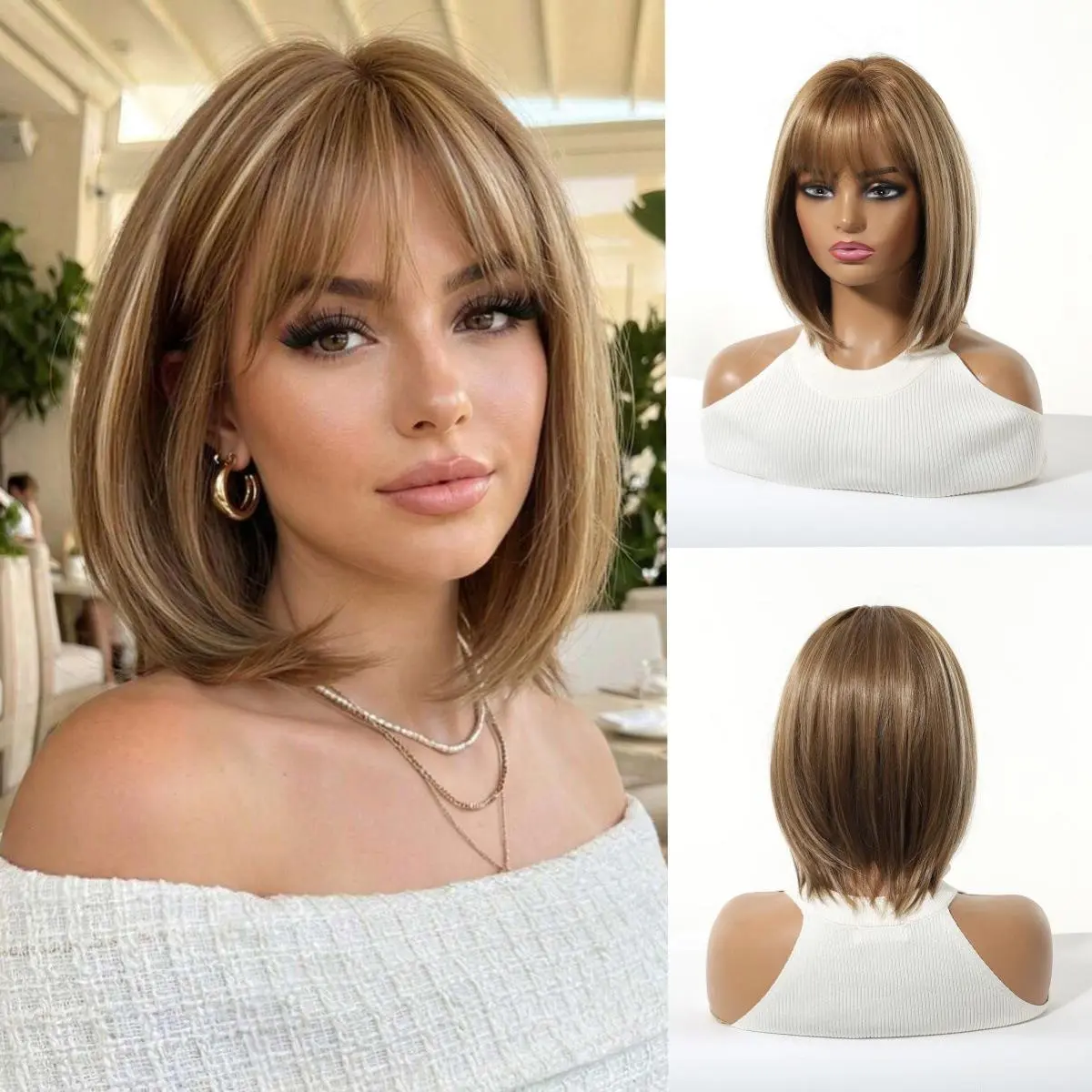 Synthetic Full Machine Wig, Graduated Brown with Highlights, Short Straight Bob Cut, Air Bangs, Natural Realistic Full Head Wig