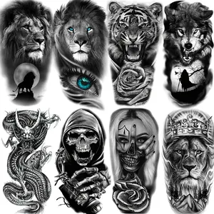 8 Sheets 3D Tribal Wolf Lion Tiger Temporary Tattoos, Men Adult Half Arm Sleeve Tattoo, Dragon Gang Eyes Totem Fake Tattoo Stickers, Waterproof Temporary Tattoos