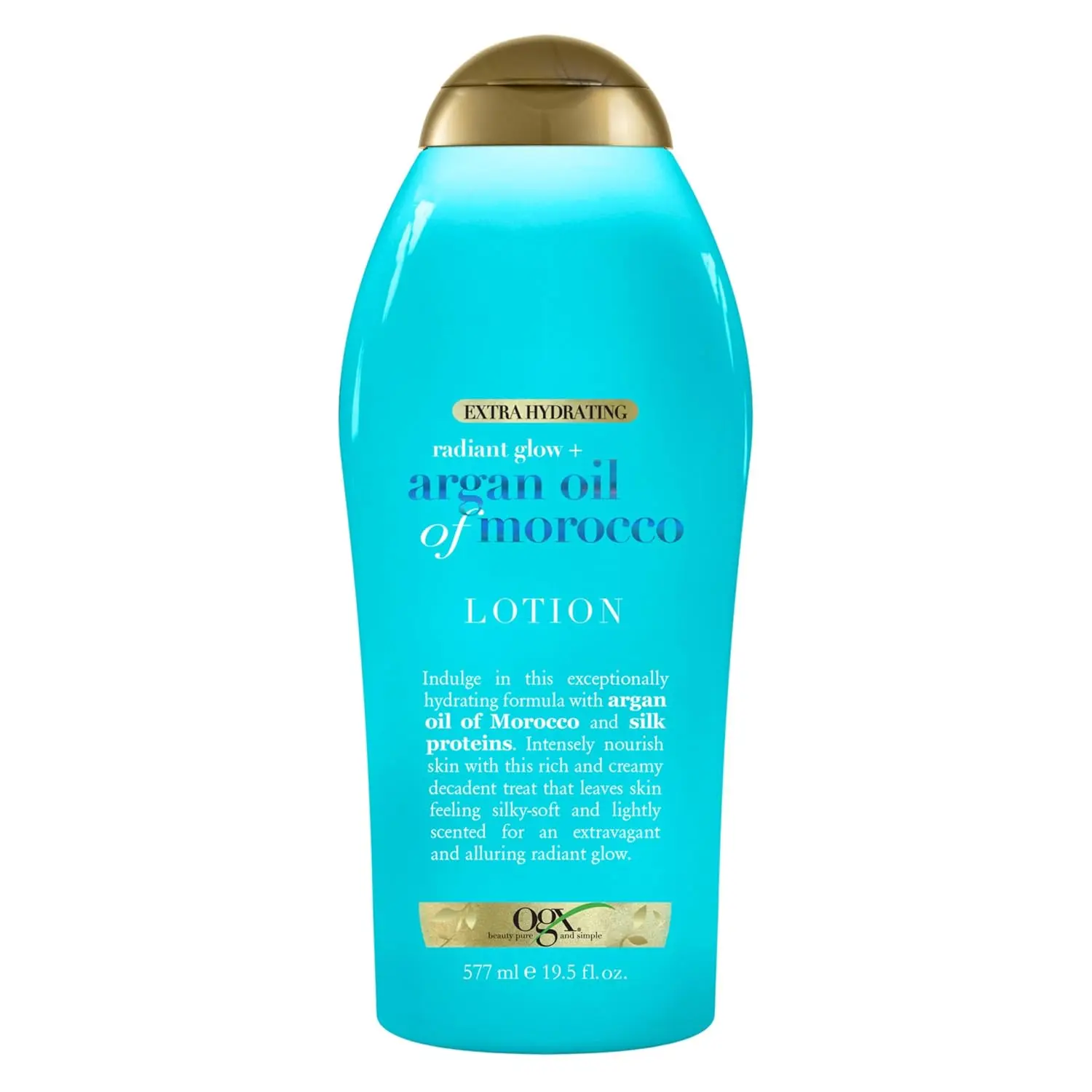 OGX Extra Hydrating Radiant Glow + Argan Oil of Morocco Lotion, 19.5 oz | For Dry Skin, Nourishing Creamy Body & Hand Cream for Silky Soft Skin, Paraben-Free, Sulfated-Surfactants Free