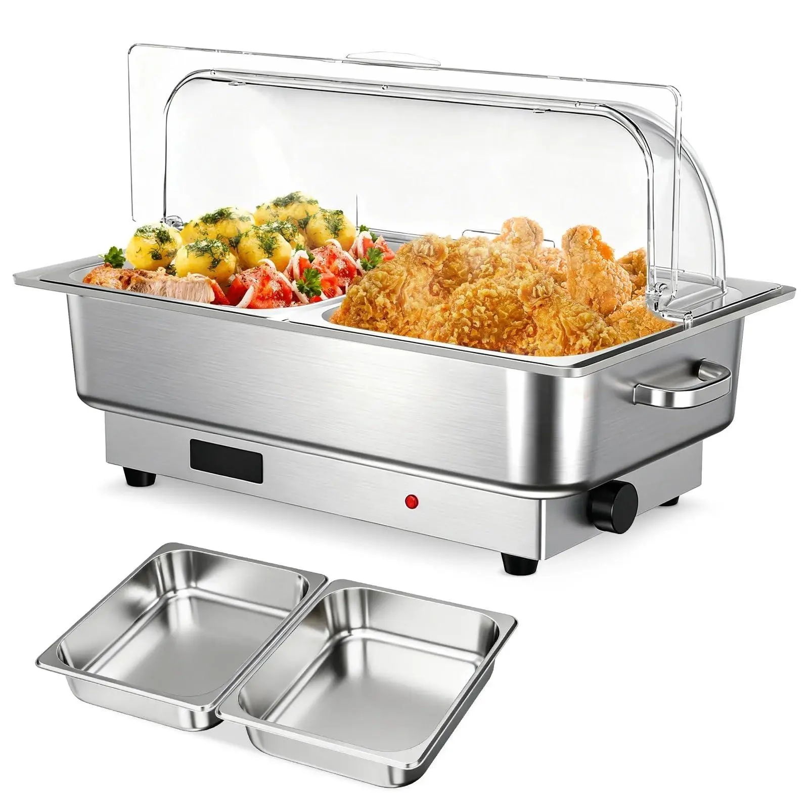 Stainless Steel Electric Chafing Dish Buffet Set - 9QT Total 2×4.5QT Roll Top Food Warmers with Transparent PC Lids, 400W Adjustable 86-200°F Temperature Control, Pans, Cord, User Manual, Integrated Water Pan for Restaurants, Hotels
