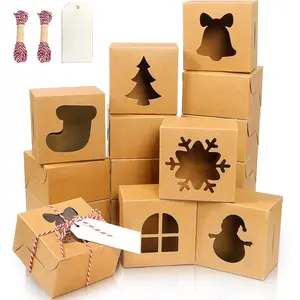 24 count Brown Bakery Boxes with Window, 4x4x2.5 Inch Christmas Cookie Boxes Small Christmas  Boxes Holiday Xmas Cake Box for Christmas Cupcakes, Cookies, Donuts -Giving, Pastries