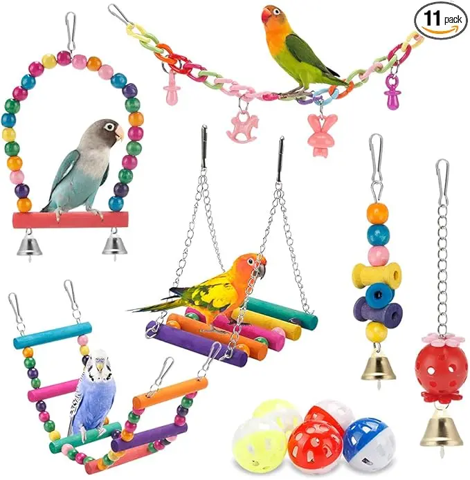 Bird Parakeet Toys - Swing Hanging Standing Chewing Hammock Climbing Ladder Bird Cage Colorful Toys Suitable for Budgerigar, Parakeet, Conure, Cockatiel, Mynah, Love Birds, Finches