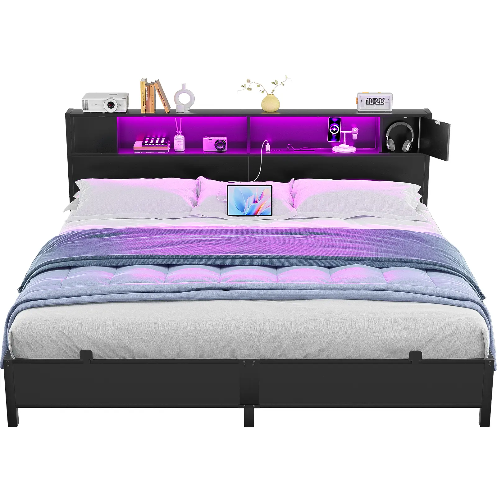Homieasy Luxury Cool Bed Frame with Charging Station and LED Lights, King Size Bed Frame with Storage Headboard, No Box Spring Needed, Black Bedroom Furniture Bedroom Set Upholstered Platform Bedframe