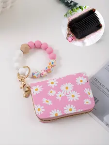 Mother's Day Gift Macaron Color Silicone Beaded Keychain with Daisy Print Zipper Card Carrying Holder, Multiple Colors Available, Credit Cards Holder, Perfect Gift for Friends