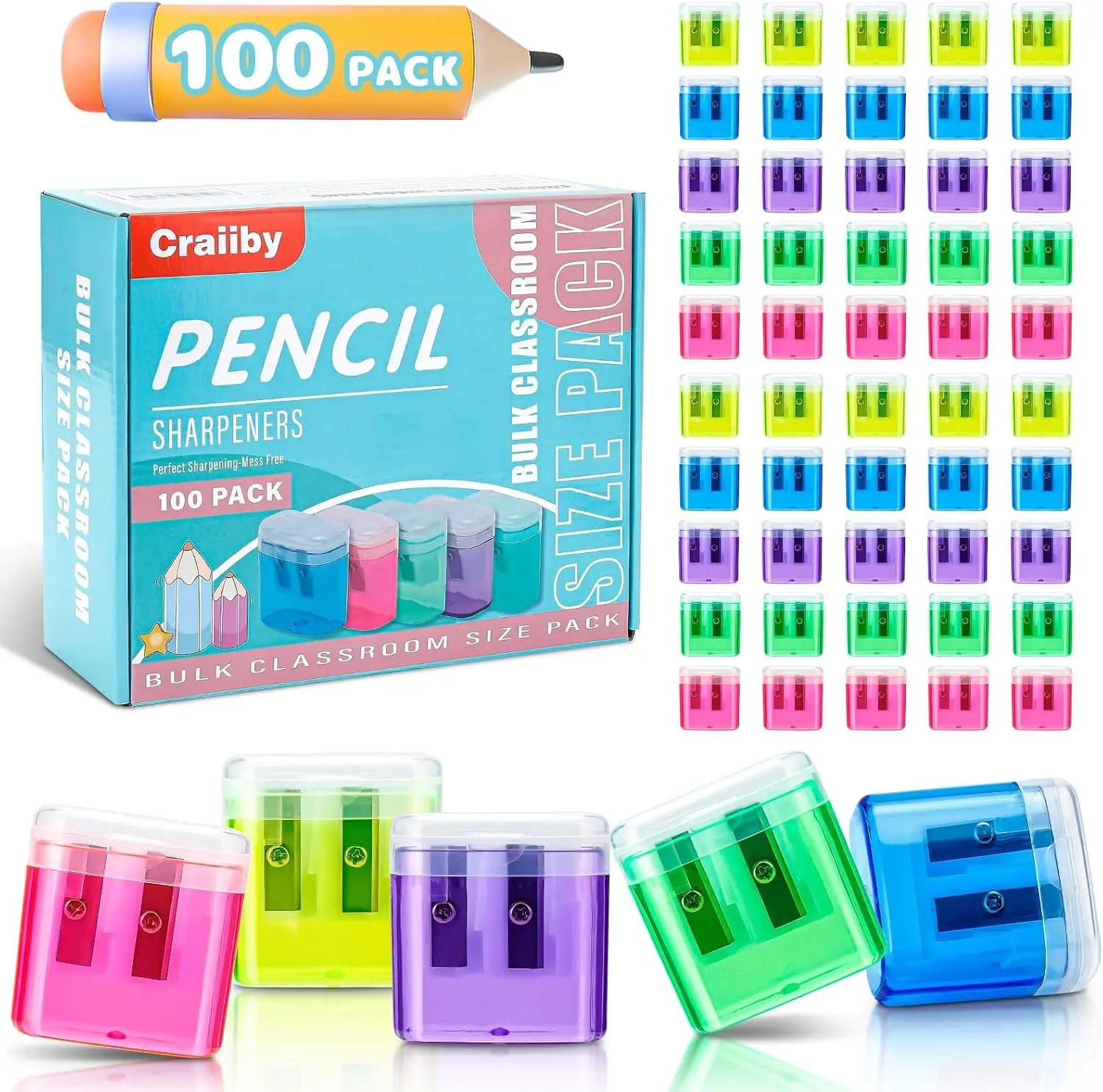 100-Count Boxed Pack Compact Handhold Dual-Hole Pencil Sharpeners for Pencils/Crayons, Classroom Tool, Home Supplies Organizer Accessory