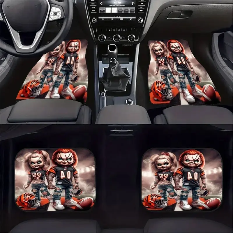 4pcs Fashionable Car Floor Mats, Floor Mats For Car, Thickened Print Design, Non-Slip Base, Fits Most Cars, Tesla, Suvs, Halloween Christmas Gifts, Automotive Floor Mats, Auto Interior Accessories