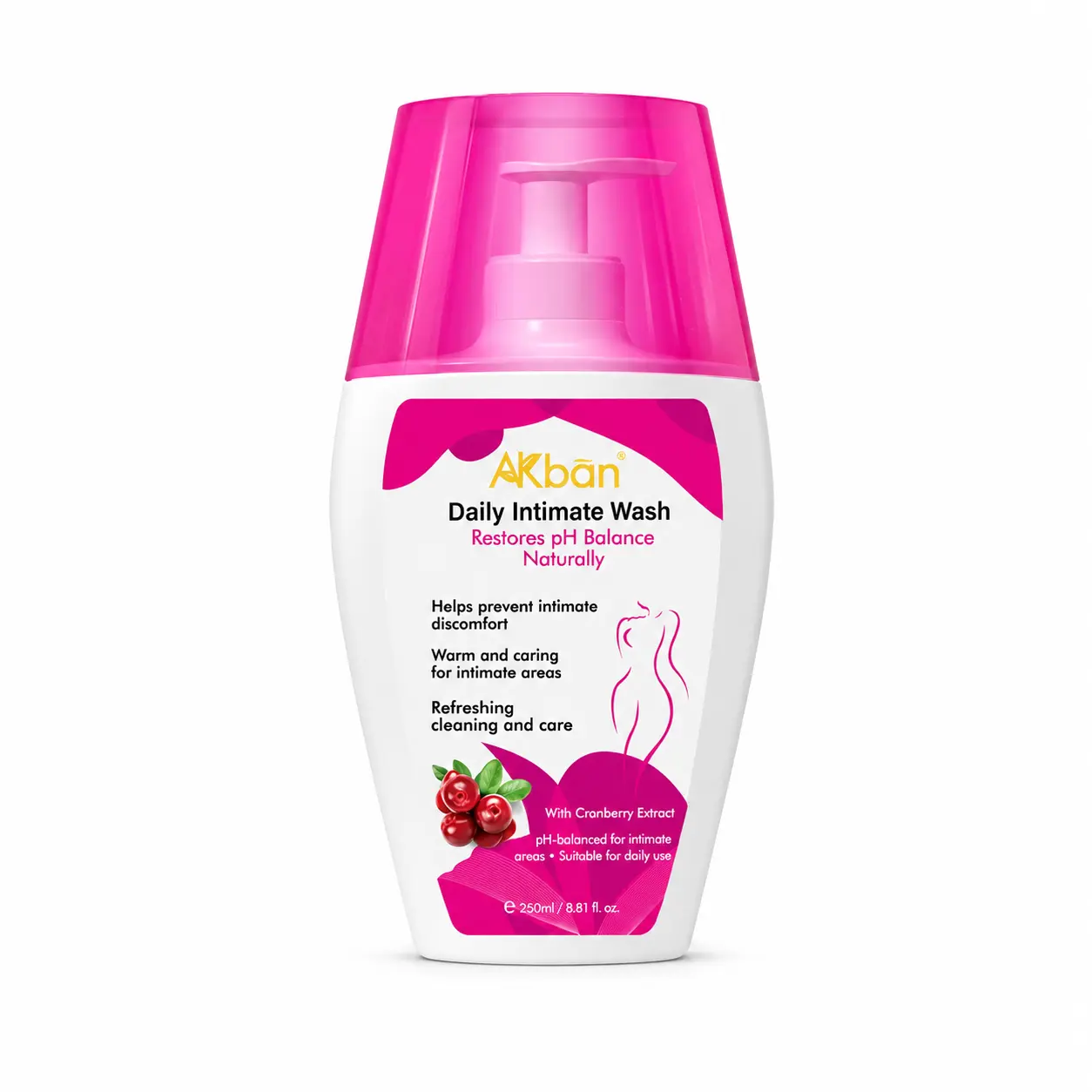 AKBAN Intima Feminine Intimate Wash, 250ml Cranberry & Mint Natural Formula, pH Balanced, Antibacterial, Gentle Soothing Freshness for Daily Care