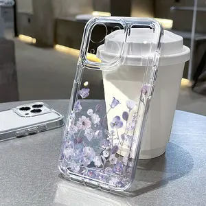 Lilac Purple Flower Pattern Case for iPhone 16 15 14 Pro Max 13 12 11 XR XS Plus Non-Yellowing Clear Crystal Drop-proof slim Silicone Cover/TMTKK14