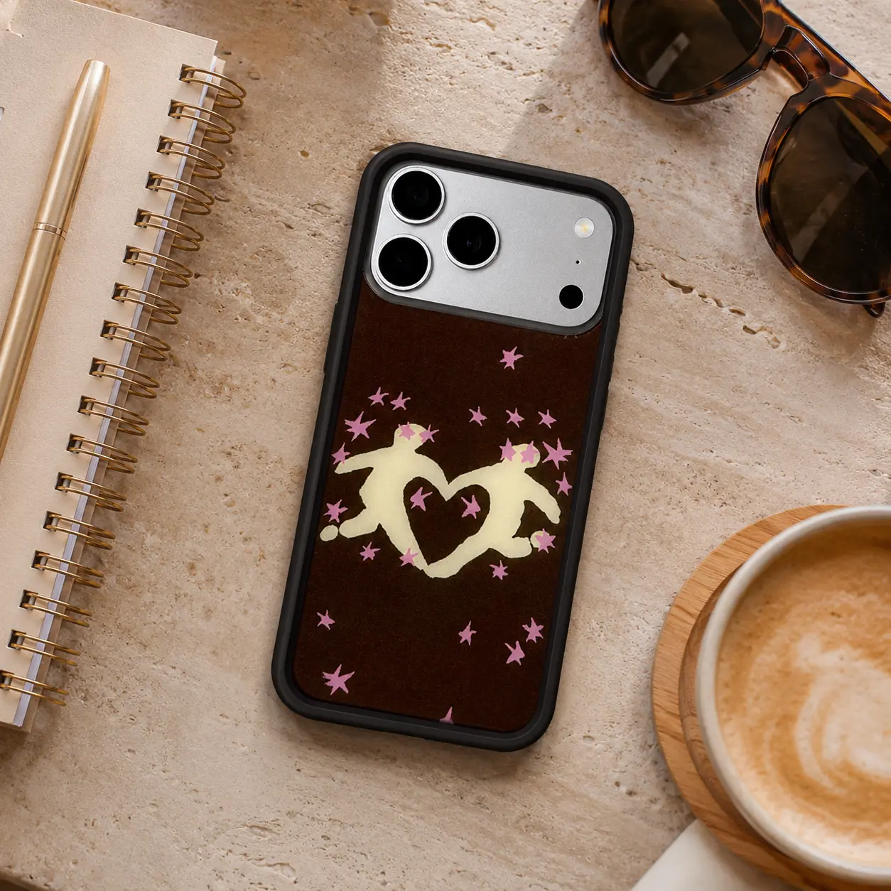 Slushy Noobz Soulmates Phone Case, Brown Heart Silhouette Case, Pink Star Protective iPhone Cover