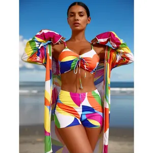 2026 popular rainbow geometric print three-piece swimsuit set, colorful swimwear, lace-up front cropped top, high-waisted shorts, and matching long-sleeve sun protection cover-up, a must-have for beach vacations and the top choice for pool parties