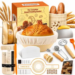 Bread Baking Supplies, Utensils, Bakeware – 9" Round & 10" Oval Banneton Basket Set with Bread Lame, Danish Whisk, Scrapers, Linen Liners – Complete Bread Proofing Kit for Home Bakers, Gift Idea