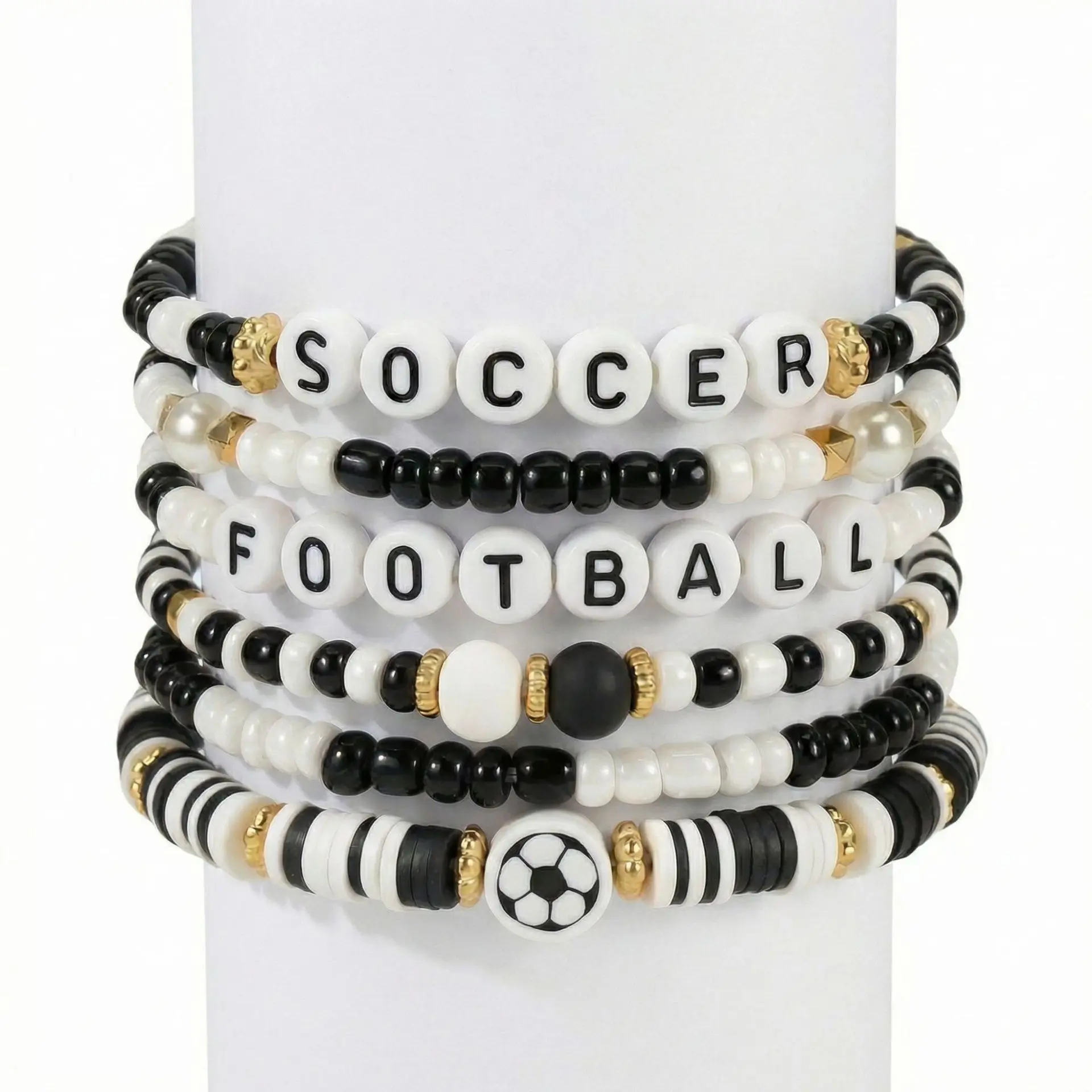 Baseball Soccer Beaded Bracelet Set Love Soccer Football Bracelets, Gold Bead Charm Stackable Bracelet Set for Game Day