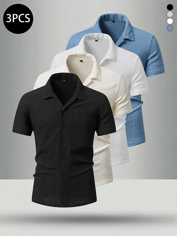 Men’s two-pack casual short-sleeve shirts, solid black/brown top with textured ruched details, loose fit, versatile summer apparel