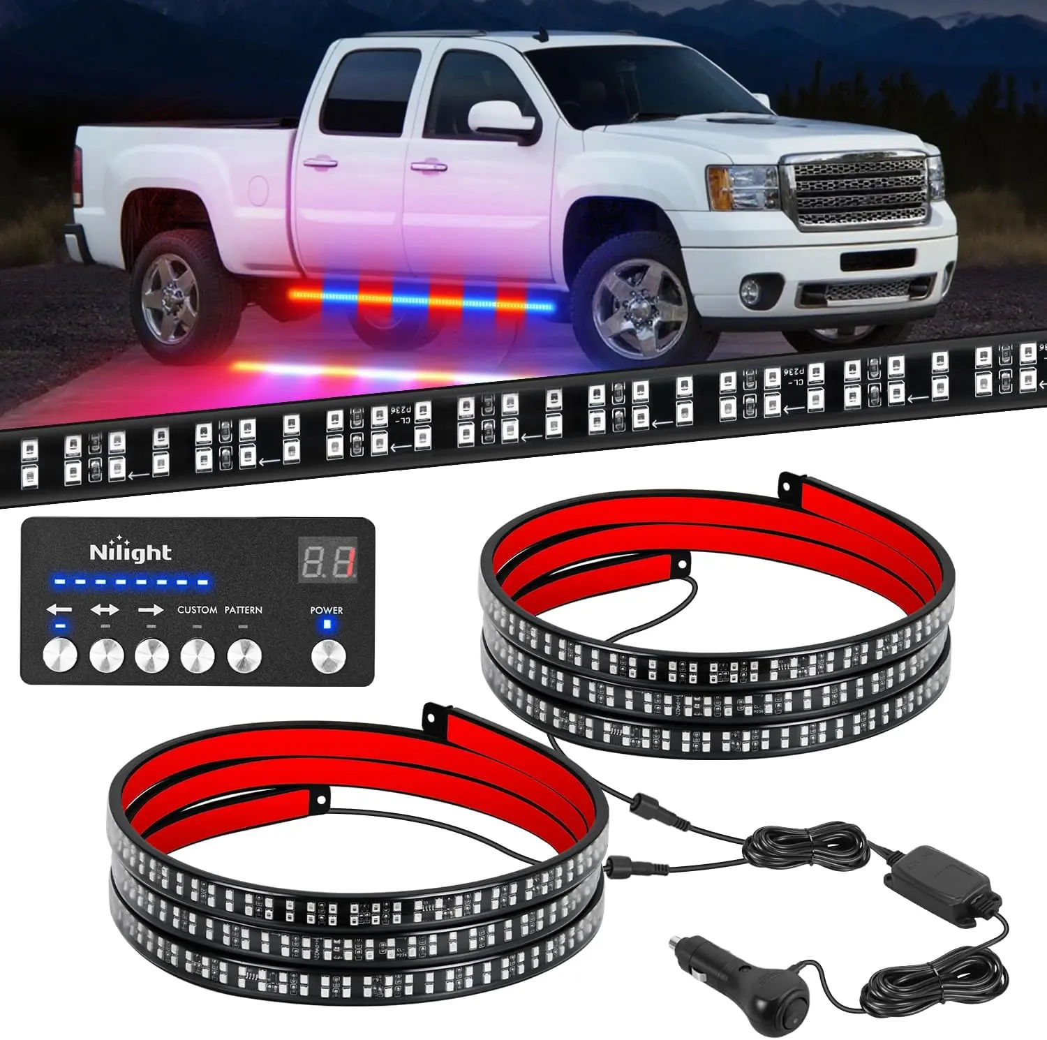 Nilight 2PCS 70-Inch Strobe LED Light Strips with Controller, 864 LEDs, Red Blue Running Board Lights, Flexible Side Flashing, Waterproof for Trucks, Construction Pickups, Led Lights