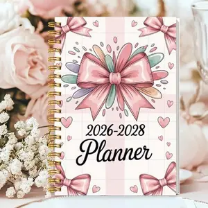 3-Year Planner 2026-2028, Cover with Bow and Heart Pattern, Monthly Calendar, Goal Tracking, Holiday List, To-Do List, Compact Planner, Planner Notebook