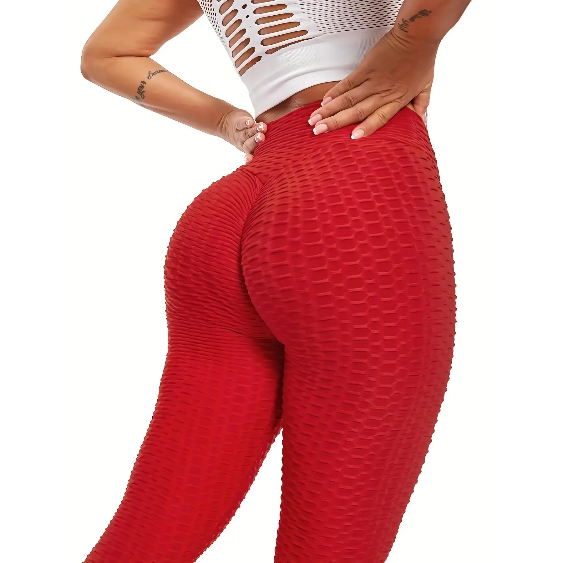 Women's Honeycomb Knit High-Waisted Butt-Lifting Synthetics Polyester Blend Skin-Tight Slimming Leggings for Yoga, Active Sports