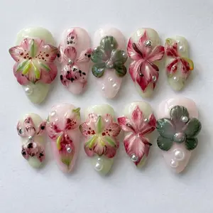 3D Orchid Press On Nails, Pink Botanical Flower Fake Nails, Sculpted Floral Fairycore Nail Art, 3D Pink Lily Flower Nails, Pearl Nails