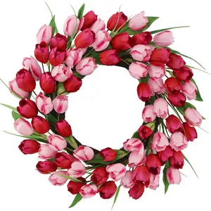 18-20 Inch Valentines Day Wreath – Pink & Red 72pcs Silk Tulip Valentines Door Decor, Outdoor Valentine Wreaths for Front Door Decorations, Romantic Spring