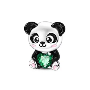 MULA Cute Panda Pendant - Cute Silver-plated Beads with Green Heart CZ and Enamel, Animal Pendant Compatible with Pandora Bracelets, Great Birthday Christmas Gift for Kids, Teens and Women