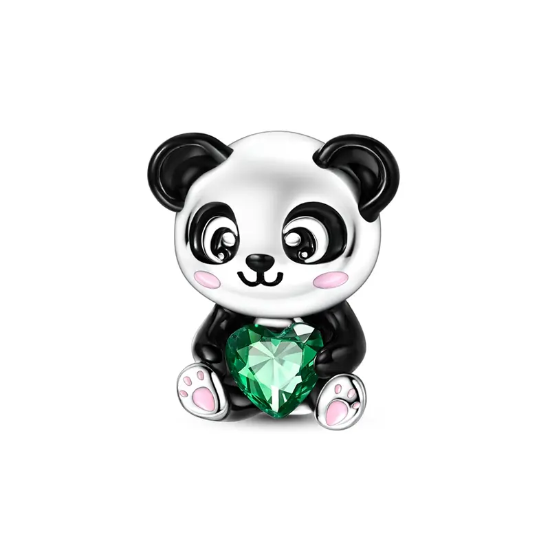MULA 925 Silver-Plated Panda Charm - Cute Enamel Animal Bead with Green Heart Cubic Zirconia, Black and White Collectible for Girls, Compatible with Pandora Bracelets (Valentine's Day Gift Option), Girl, Animals, Collectibles
