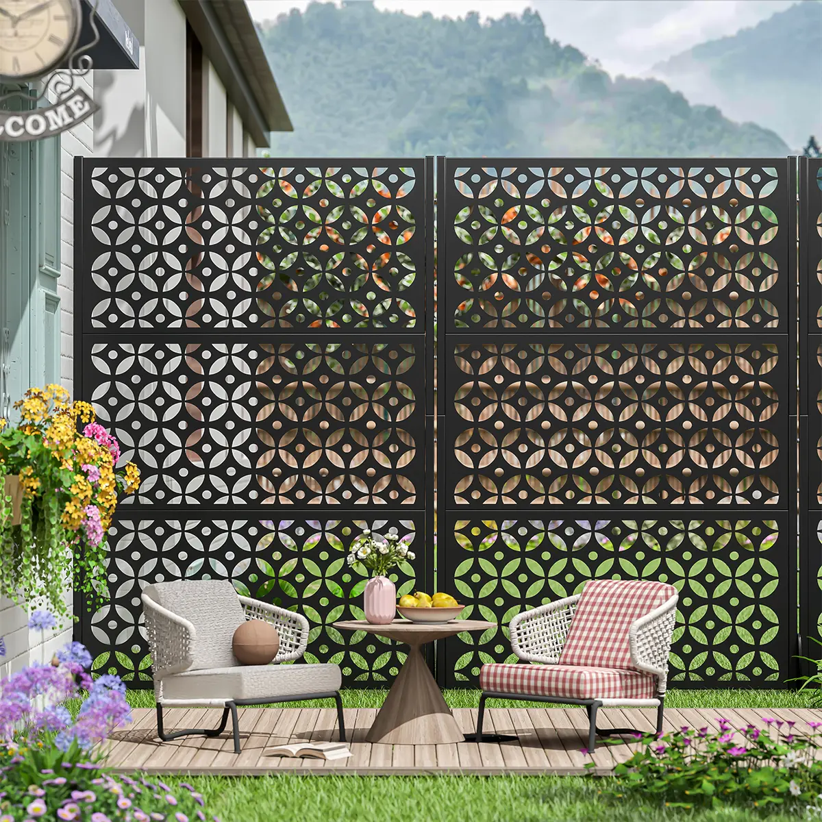 Metal Privacy Screen Outdoor, Freestanding Patio Privacy Fence – Decorative Portable Divider for Balcony, Garden, Lawn, Deck, Backyard