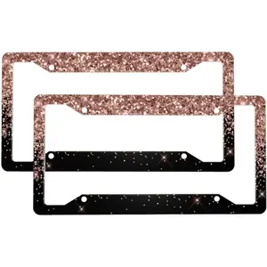 2 Sets Black Rose Gold Blush Pink Glitter Glam Premium License Plate Holder - Car Truck SUV Front and Rear Bracket for Enhanced Night Vision 4 Holes License Plate Frame Car Accessories