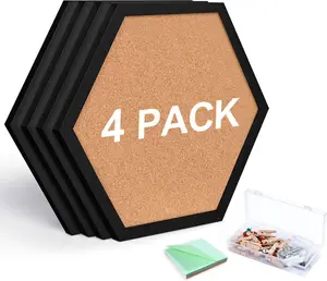 Hexagon Cork Bulletin Board Set - Stylish Framed Corkboard Tiles for Wall - Thick Decorative Display Boards for Home Office Decor - Includes 16 Push Pin Wood Clips - Black (4 Pack)