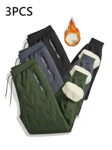 Pack of 3 - Men's Winter Fleece-Lined Thick Outdoor Sports Jogging Pants - Sherpa Lining for Cold Weather Protection - Loose, Warm Leggings with Ankle Zippers - Windproof - Drawstring Waistband - Printed Zipper Pockets - Heavyweight Fabric - Printed Zippe